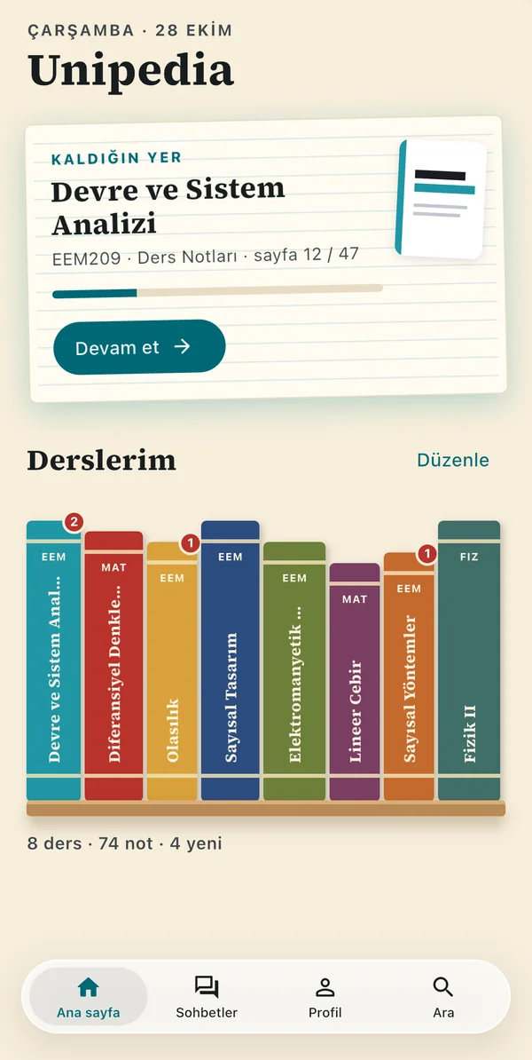 Unipedia ana ekranı: kaldığın not ve kitap sırtları gibi dizilen ders rafın.